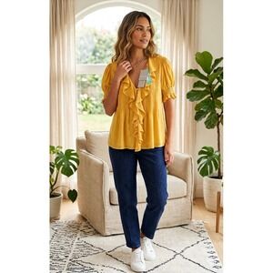 Daniel Rainn Yellow Ruffle V-Neck Blouse Floral Embroidery Smocked Sleeve Medium